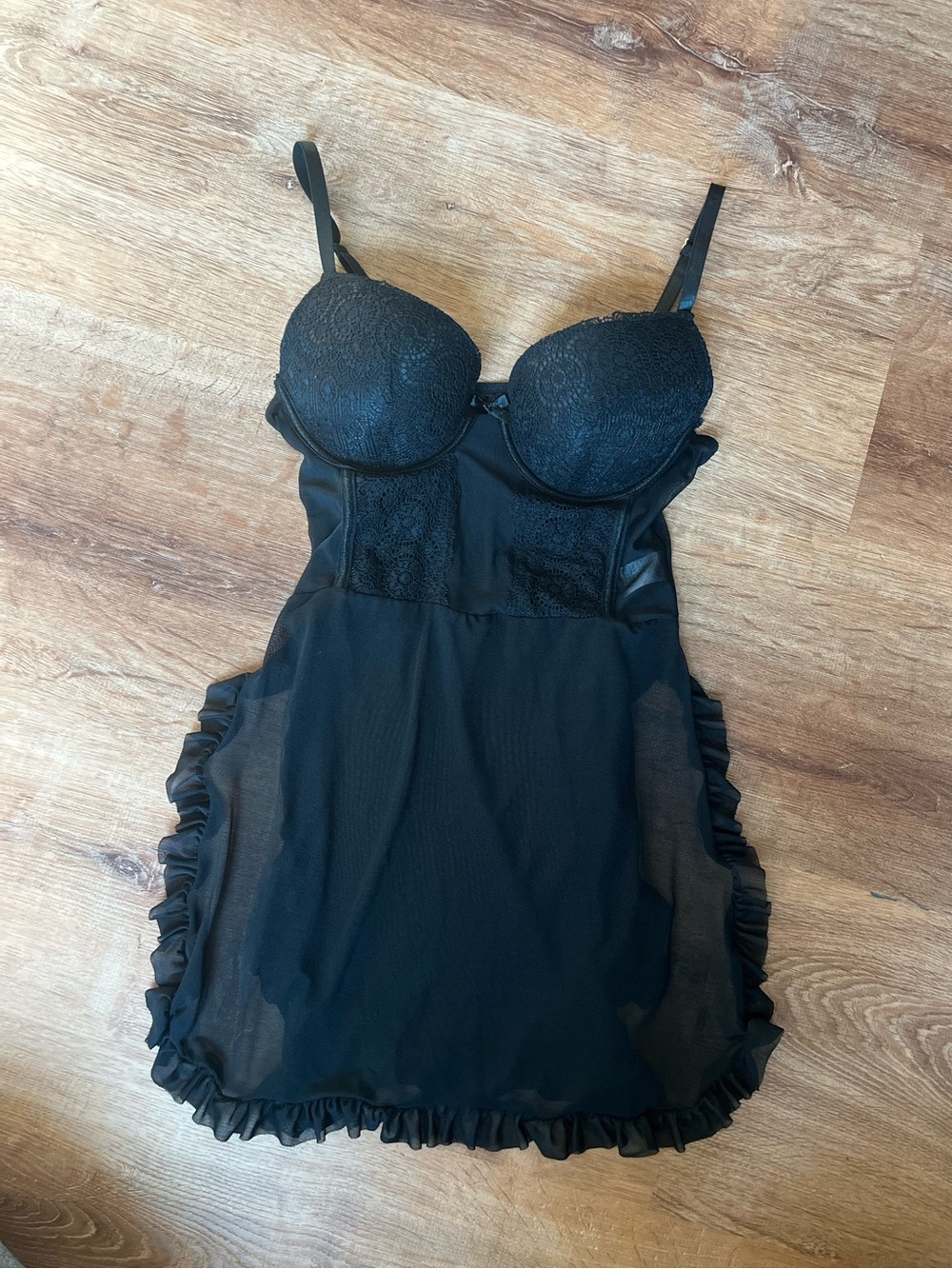 Black Sheer Lace Babydoll Chemise Ruffle Lingerie Dress